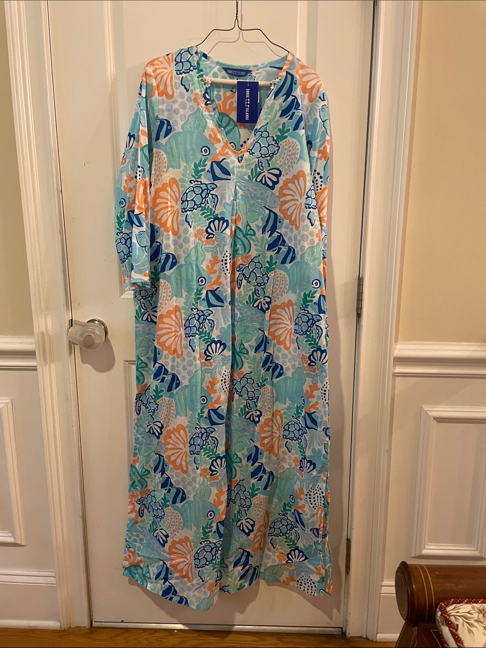 NWT Three Islands Sea Life Print Caftan Tunic - Blue, Aqua & Coral, XL